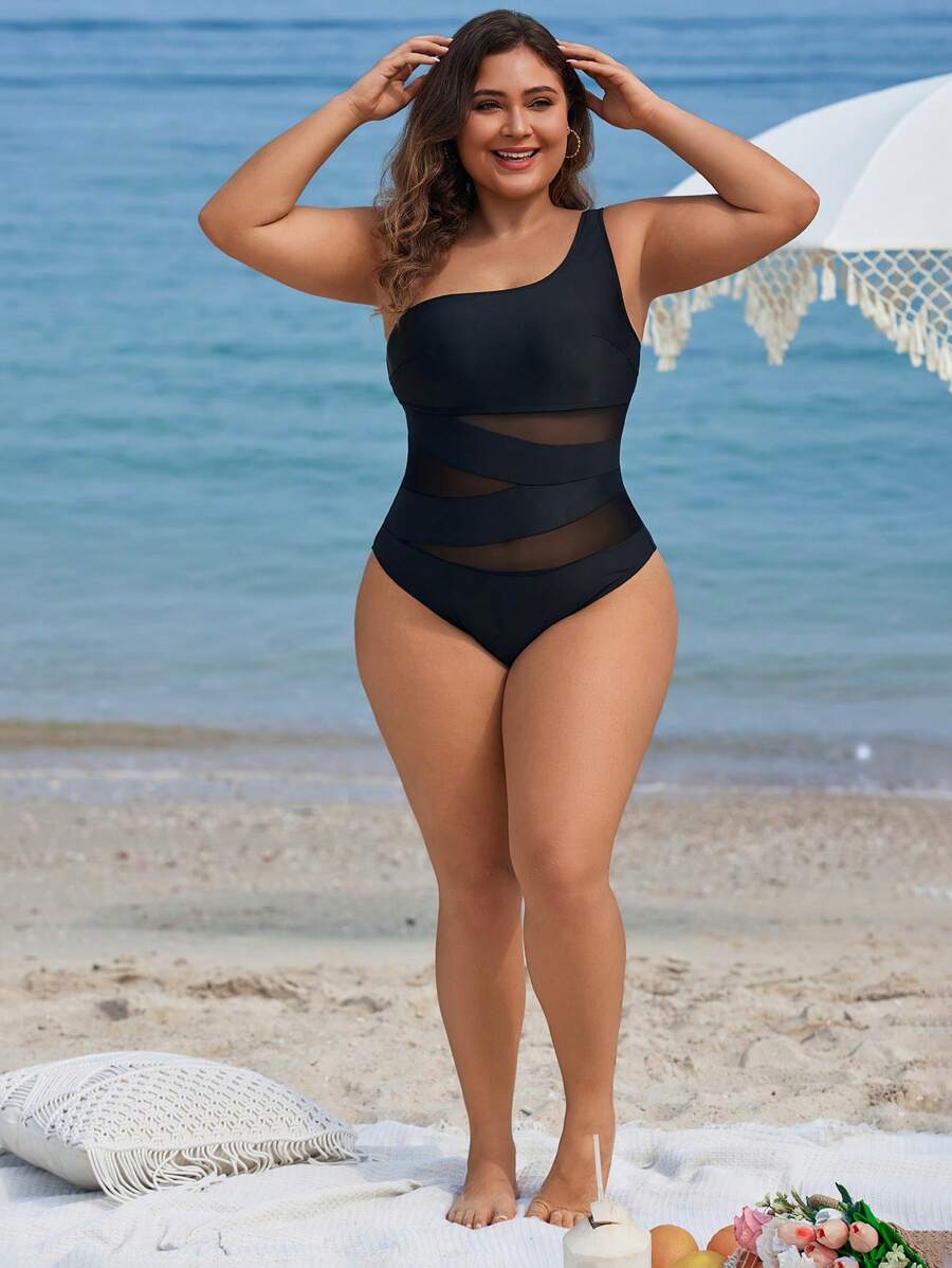 Maiô Plus Size One Shoulder Mesh
