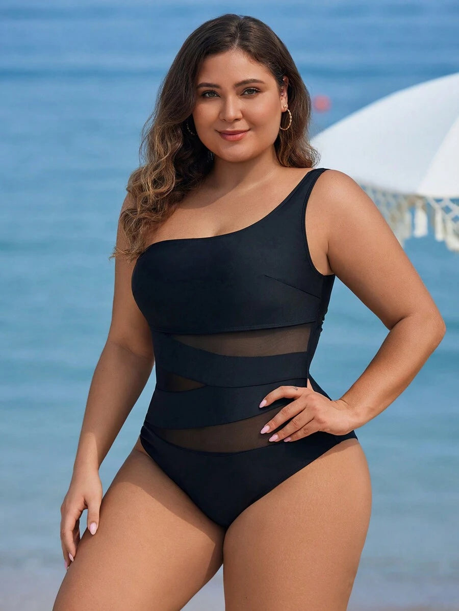 Maiô Plus Size One Shoulder Mesh