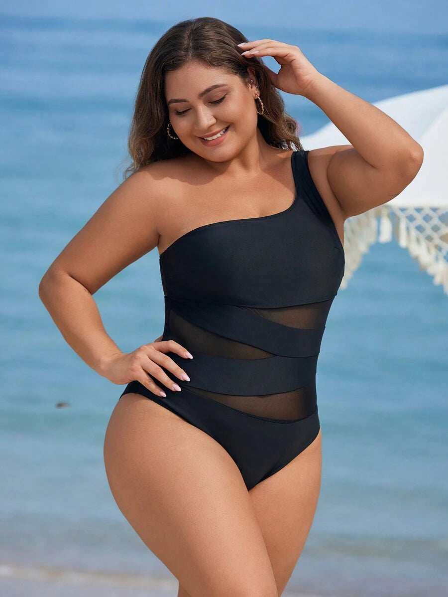 Maiô Plus Size One Shoulder Mesh