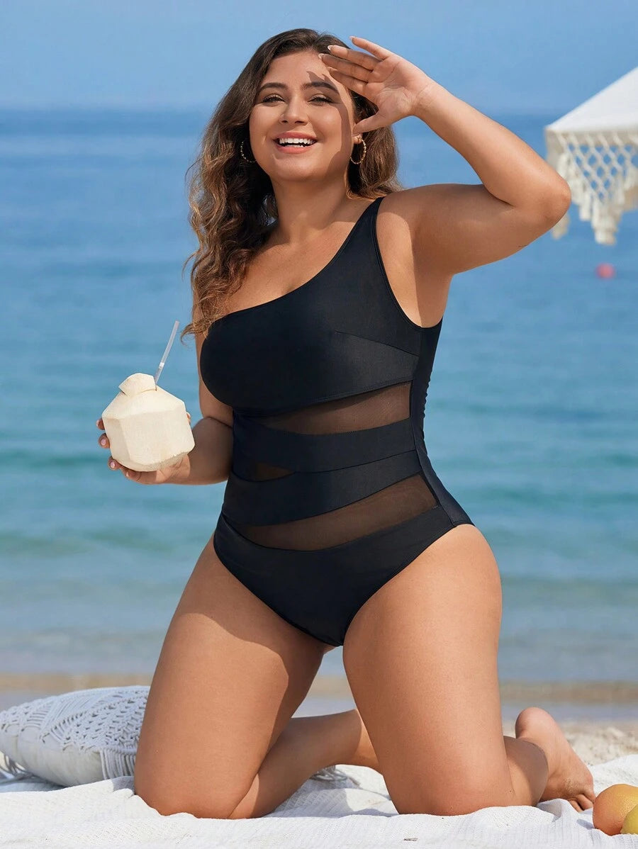 Maiô Plus Size One Shoulder Mesh