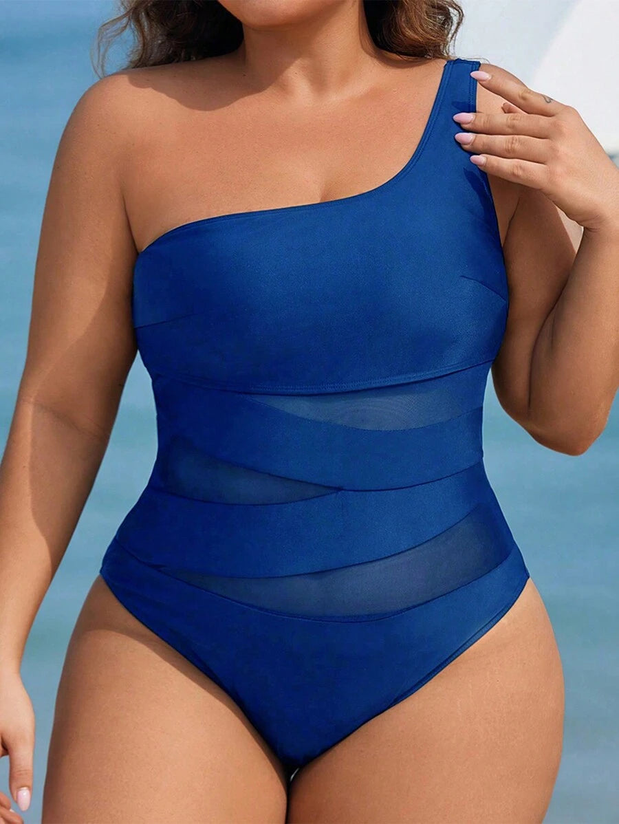 Maiô Plus Size One Shoulder Mesh