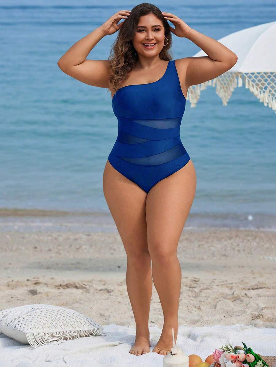 Maiô Plus Size One Shoulder Mesh