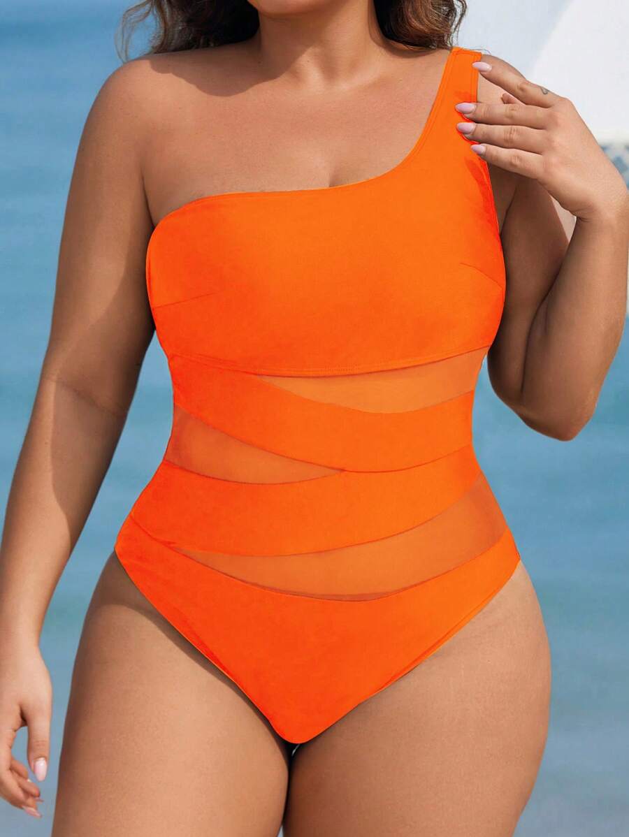 Maiô Plus Size One Shoulder Mesh