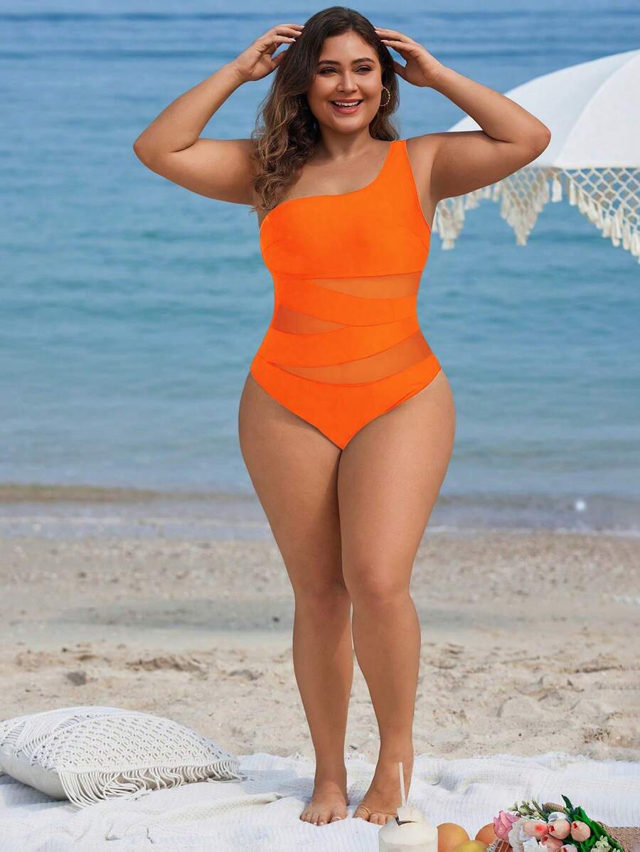 Maiô Plus Size One Shoulder Mesh