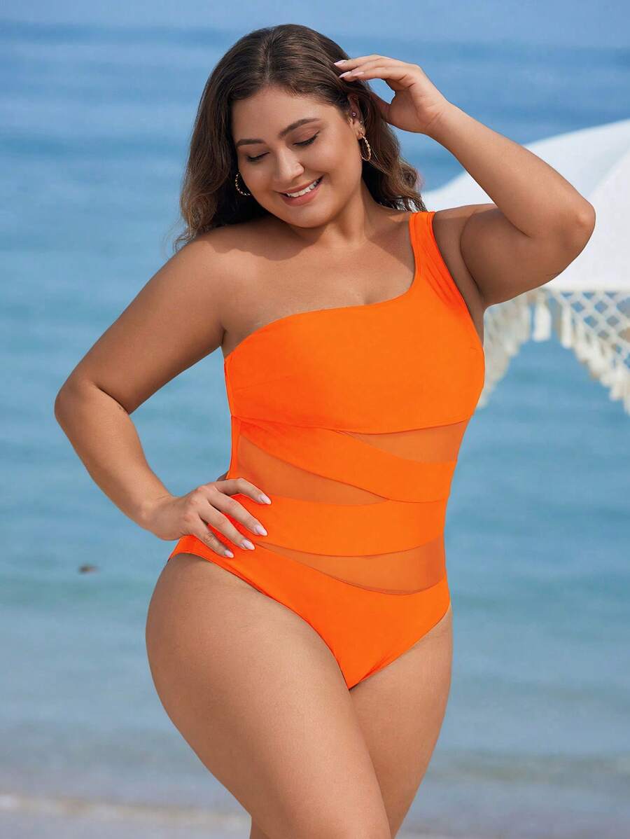 Maiô Plus Size One Shoulder Mesh