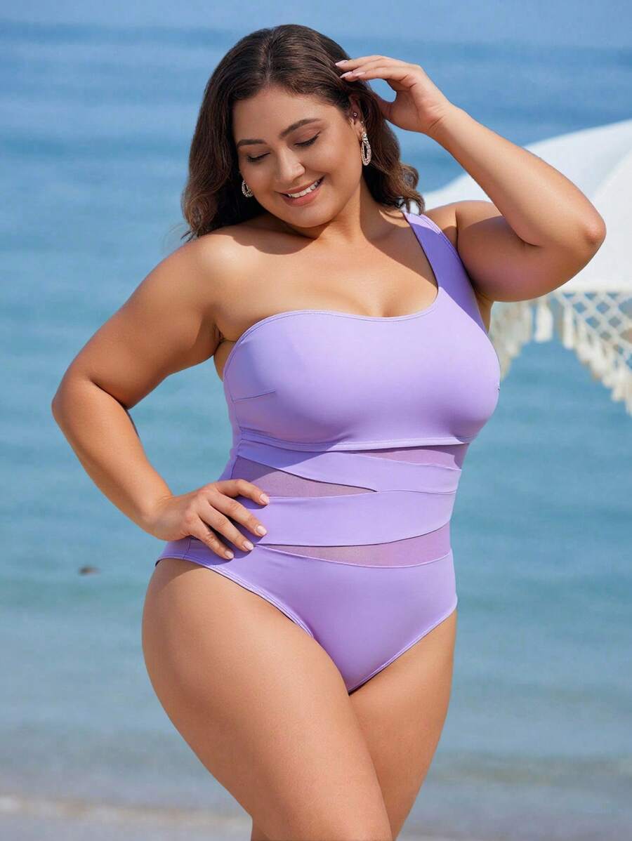 Maiô Plus Size One Shoulder Mesh