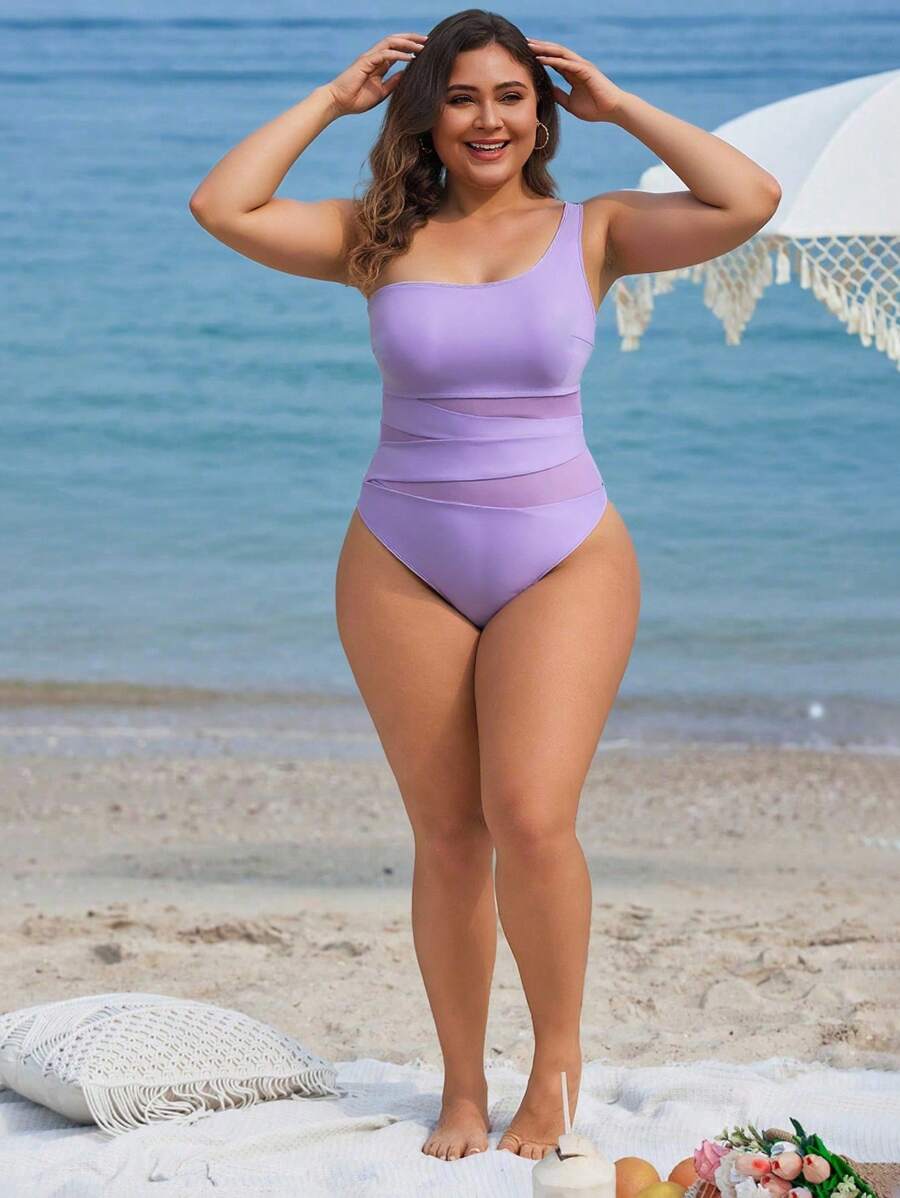 Maiô Plus Size One Shoulder Mesh