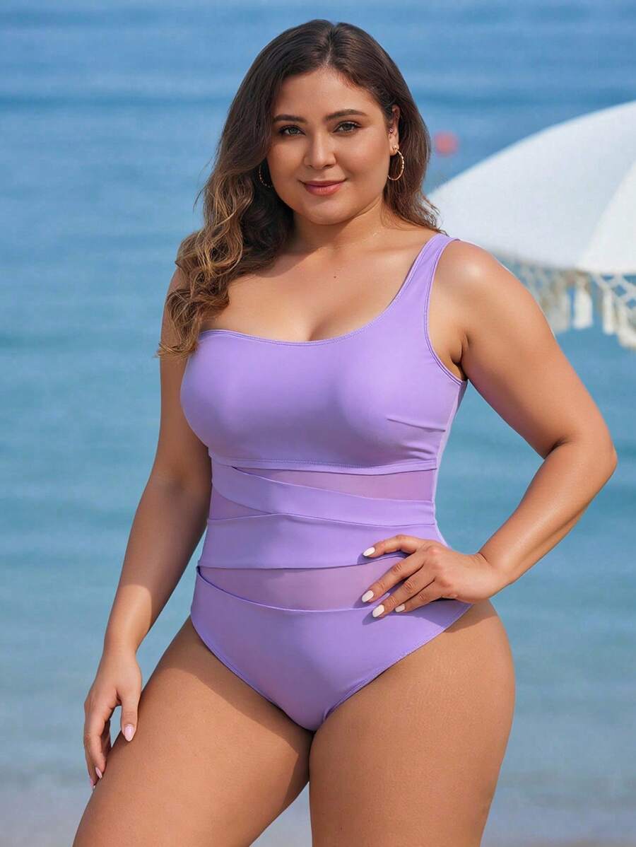 Maiô Plus Size One Shoulder Mesh