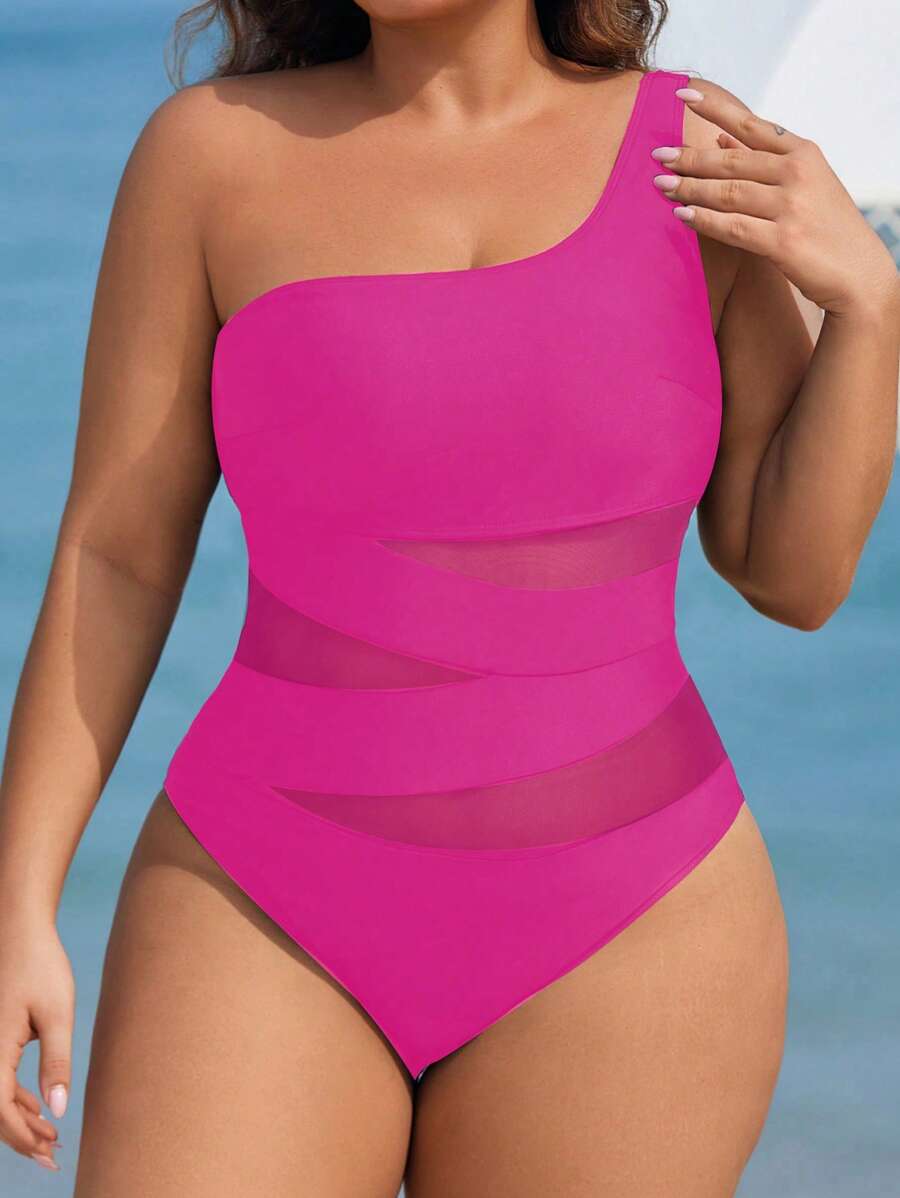 Maiô Plus Size One Shoulder Mesh