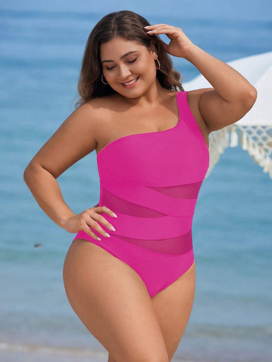 Maiô Plus Size One Shoulder Mesh