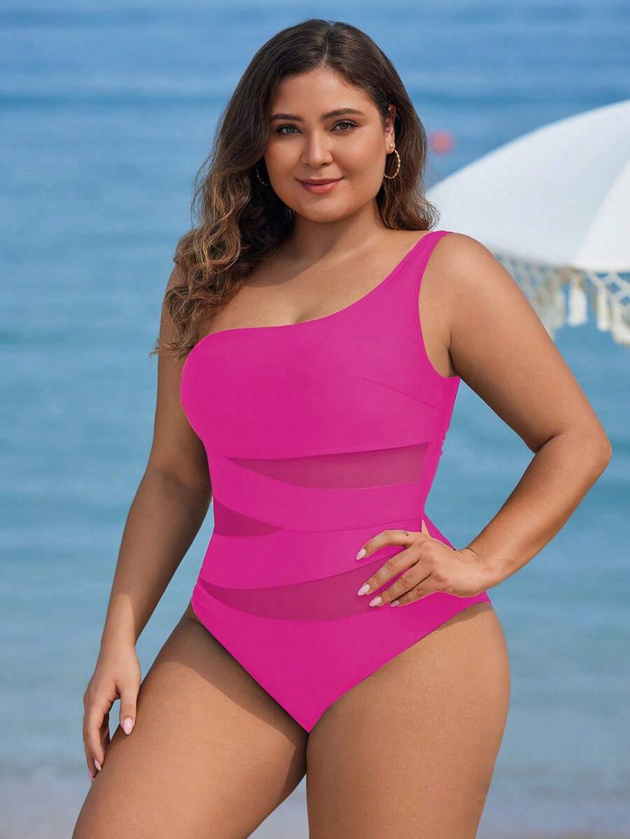 Maiô Plus Size One Shoulder Mesh
