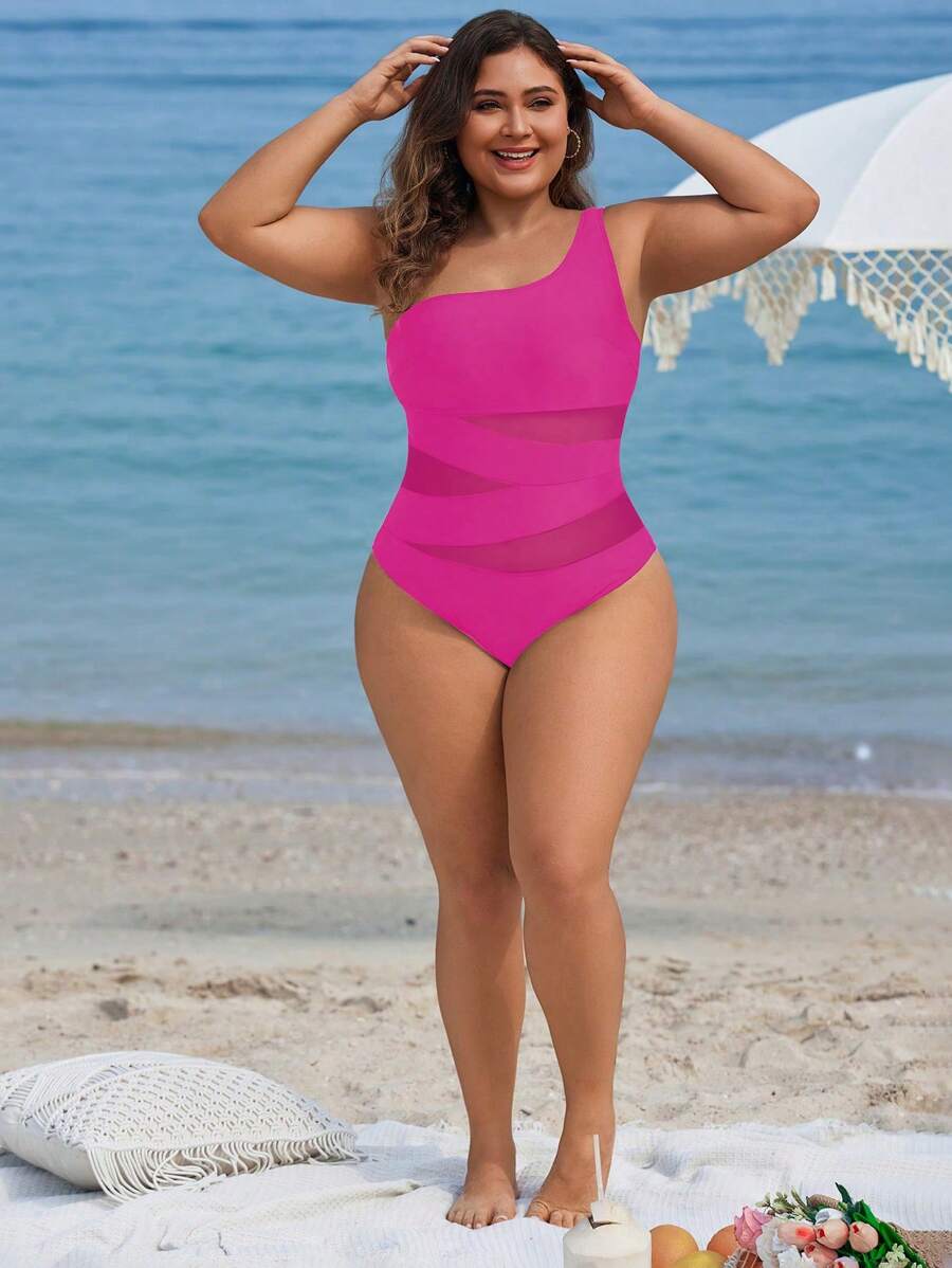 Maiô Plus Size One Shoulder Mesh