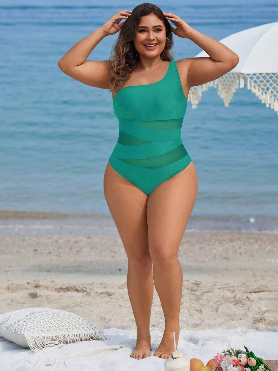 Maiô Plus Size One Shoulder Mesh
