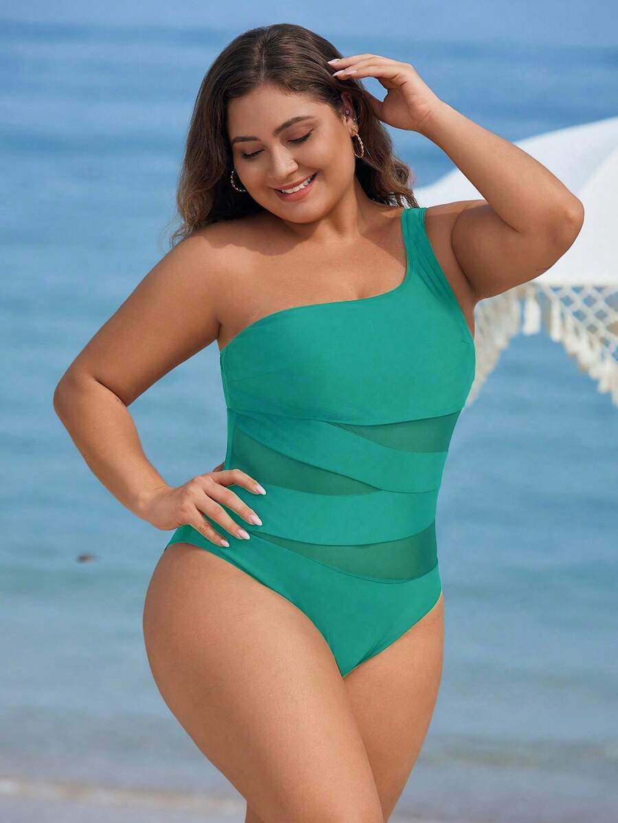 Maiô Plus Size One Shoulder Mesh