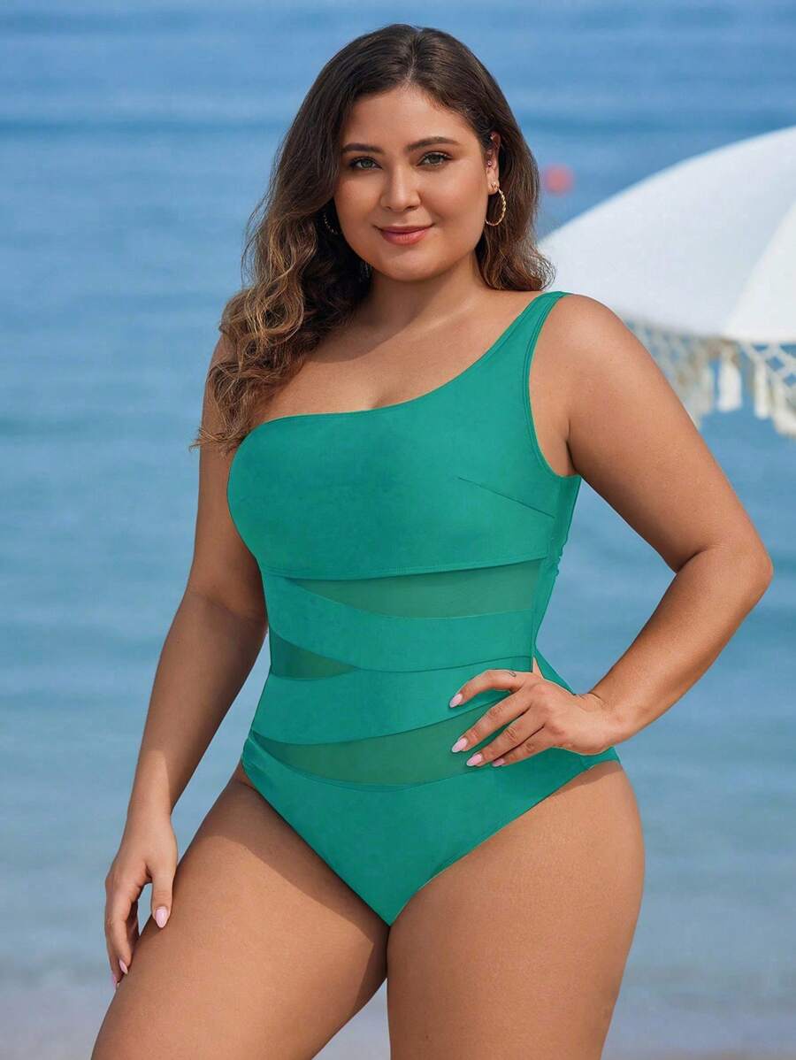 Maiô Plus Size One Shoulder Mesh
