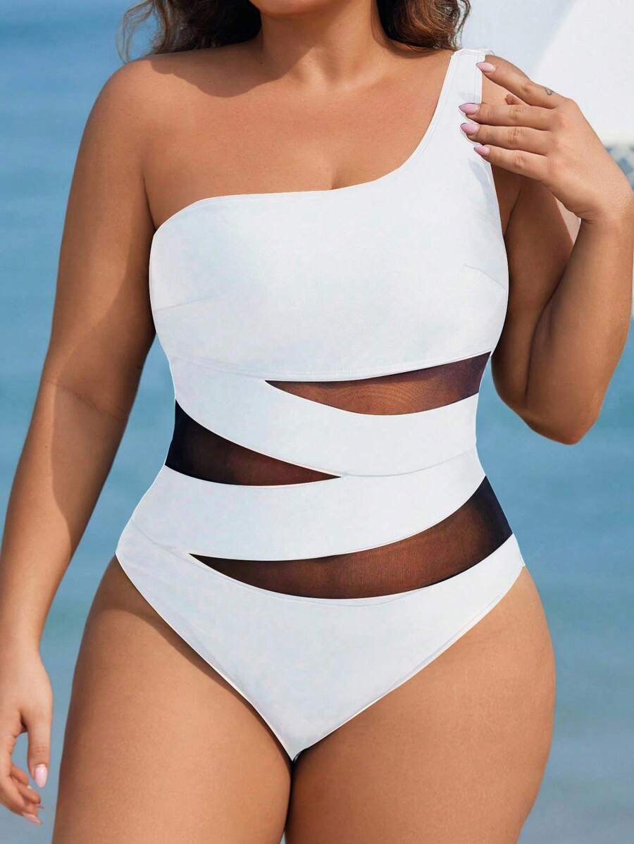 Maiô Plus Size One Shoulder Mesh