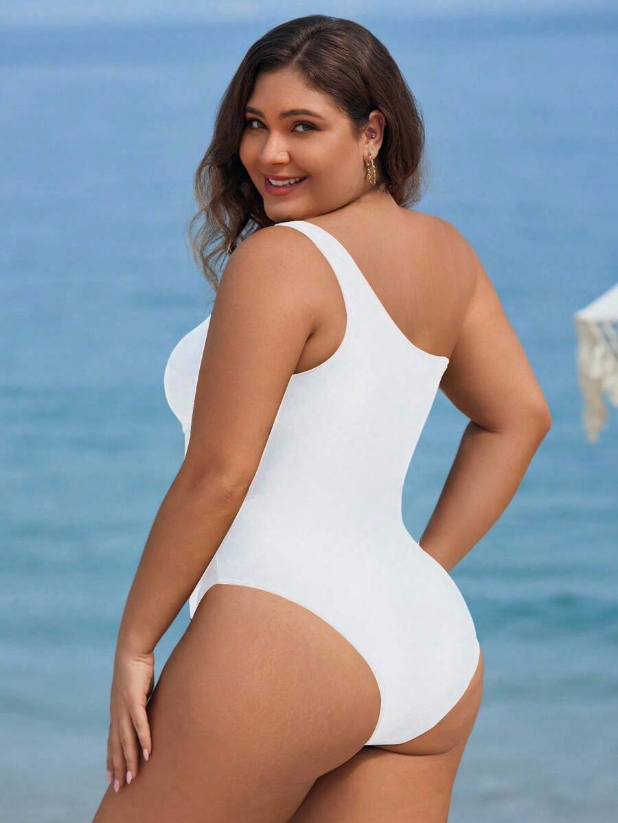 Maiô Plus Size One Shoulder Mesh