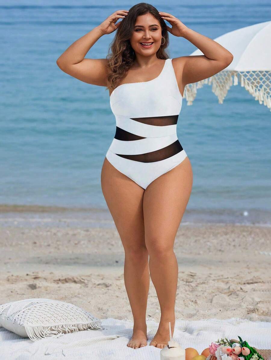 Maiô Plus Size One Shoulder Mesh