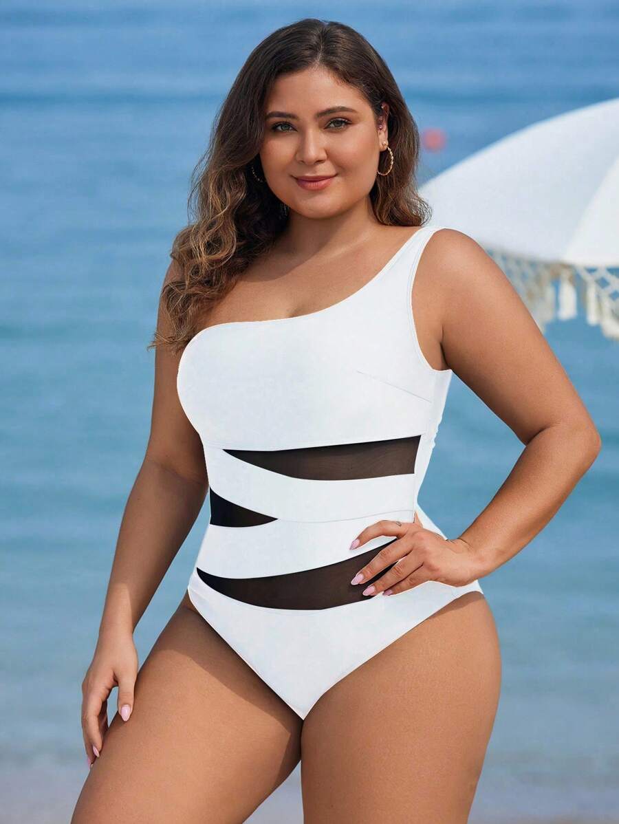 Maiô Plus Size One Shoulder Mesh