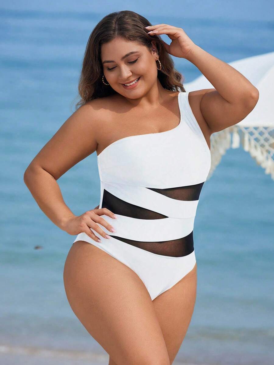 Maiô Plus Size One Shoulder Mesh
