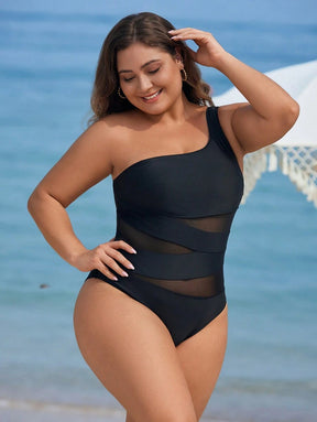 Maiô Plus Size One Shoulder Mesh
