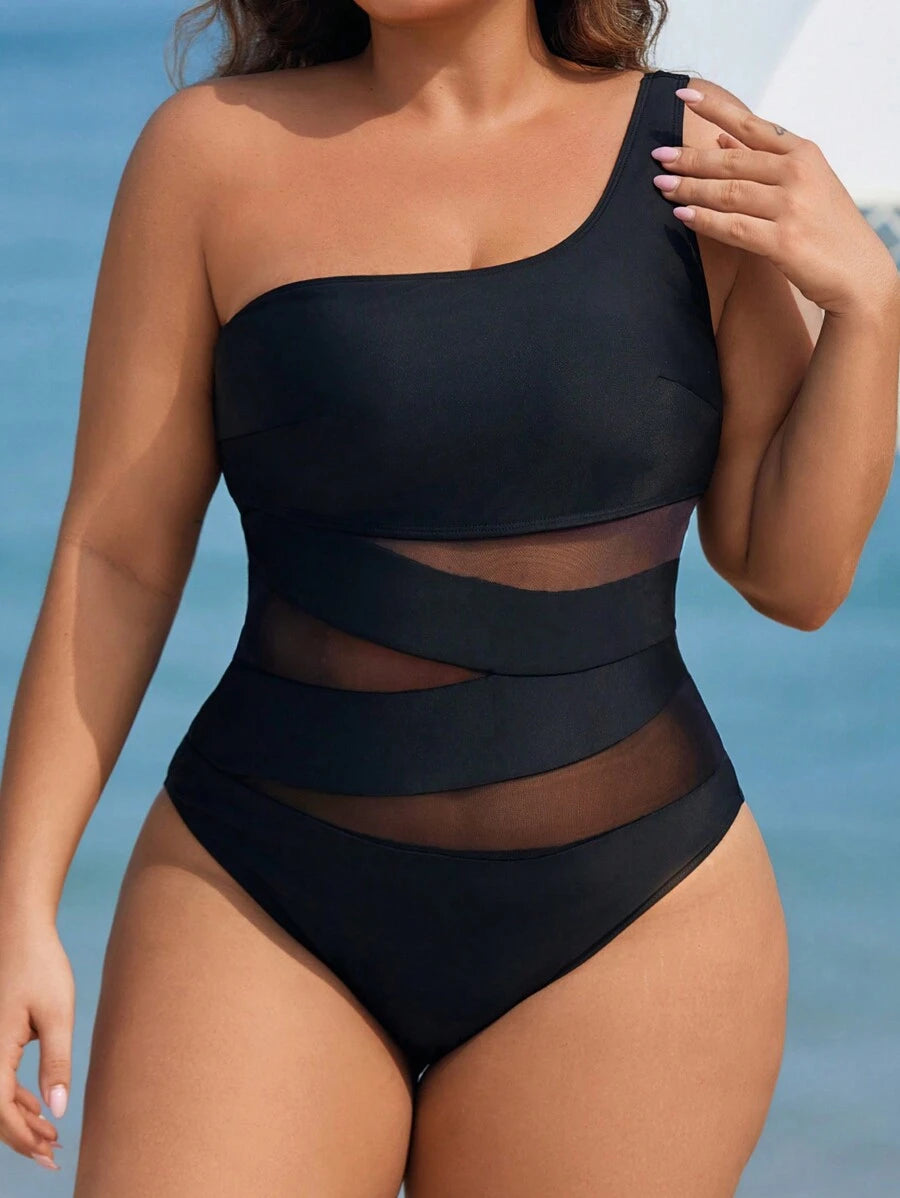 Maiô Plus Size One Shoulder Mesh