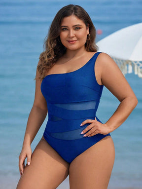 Maiô Plus Size One Shoulder Mesh