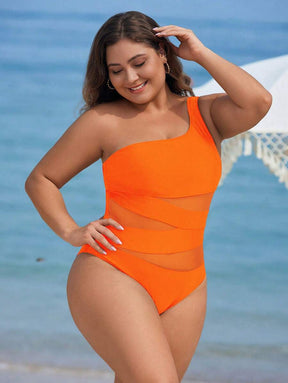 Maiô Plus Size One Shoulder Mesh