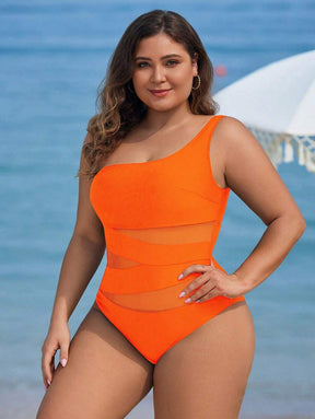 Maiô Plus Size One Shoulder Mesh