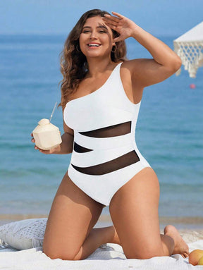 Maiô Plus Size One Shoulder Mesh