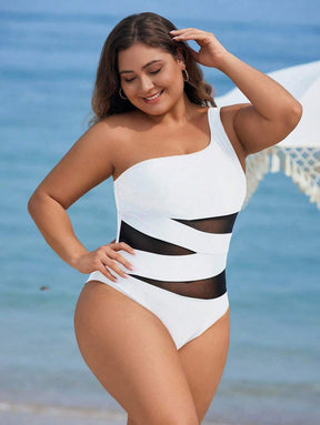 Maiô Plus Size One Shoulder Mesh